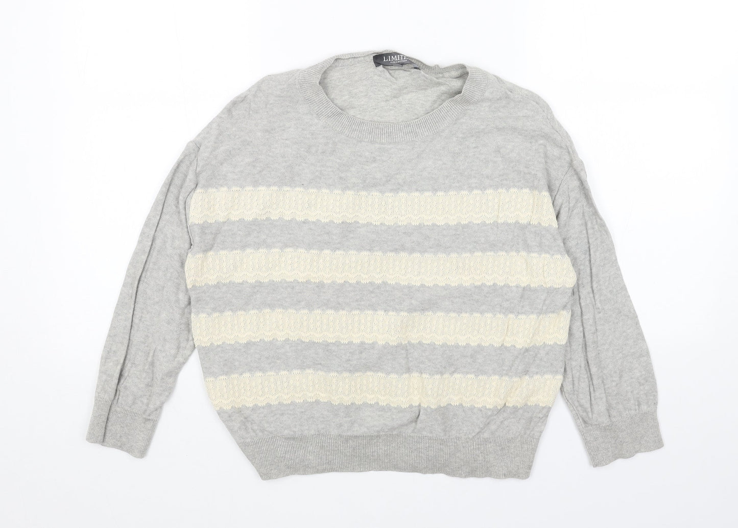 Limited Collection Womens Grey Round Neck Striped Acrylic Pullover Jumper Size 10