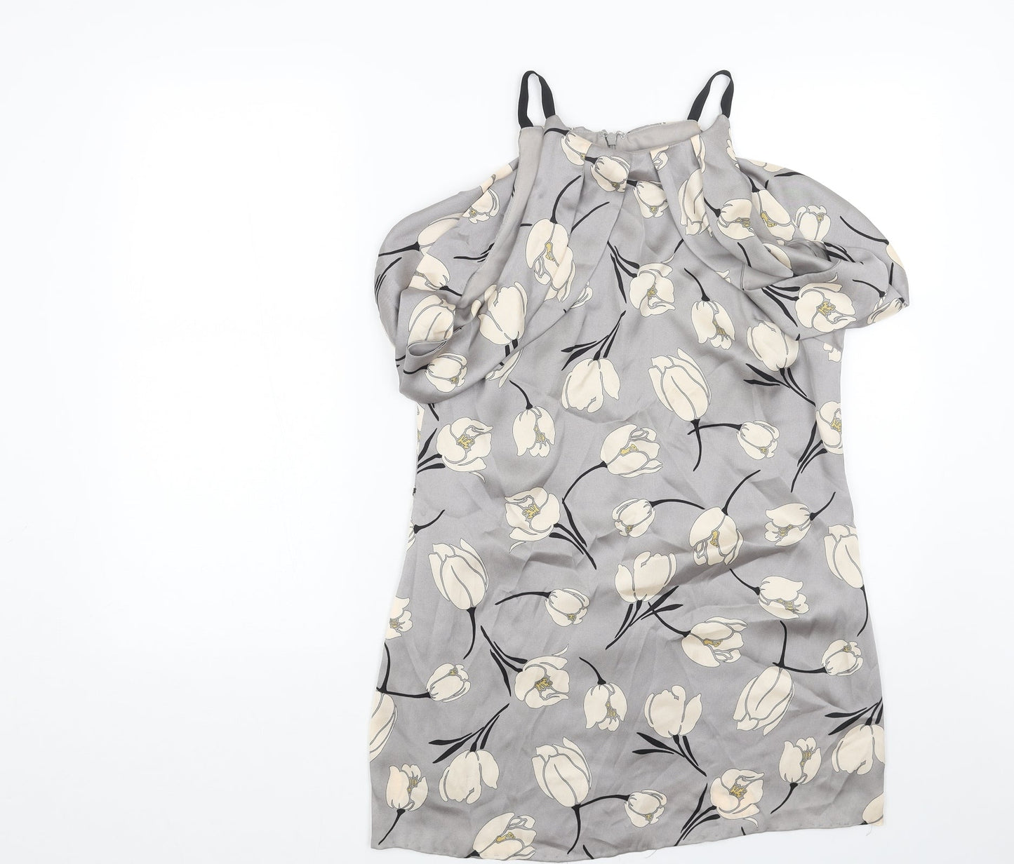 Phase Eight Womens Grey Floral Polyester Mini Size 12 Scoop Neck Zip - Cold Shoulder