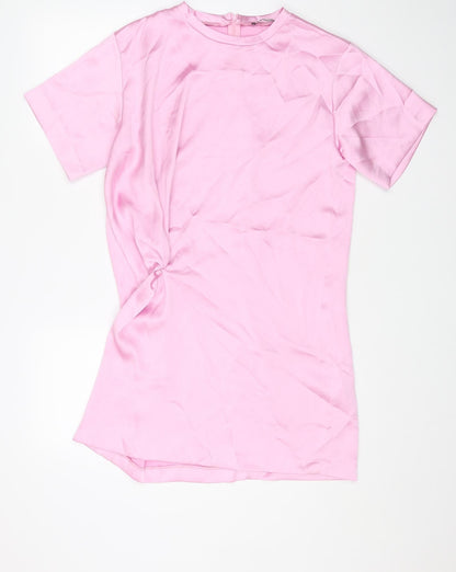Zara Womens Pink Polyester T-Shirt Dress Size L Round Neck Zip - Ruched