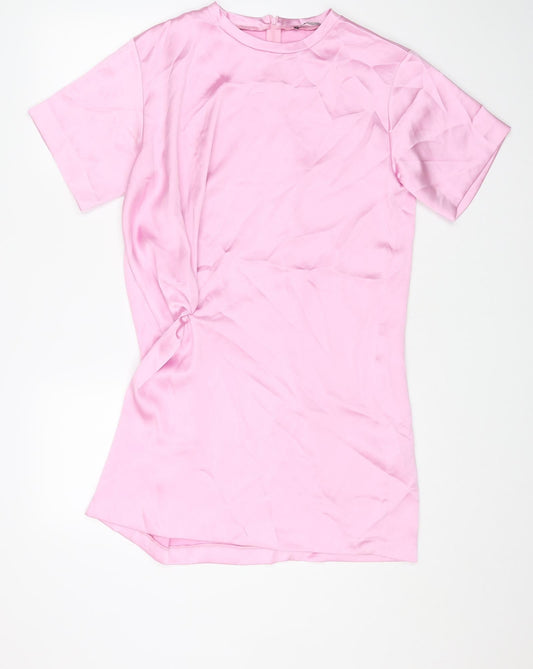 Zara Womens Pink Polyester T-Shirt Dress Size L Round Neck Zip - Ruched