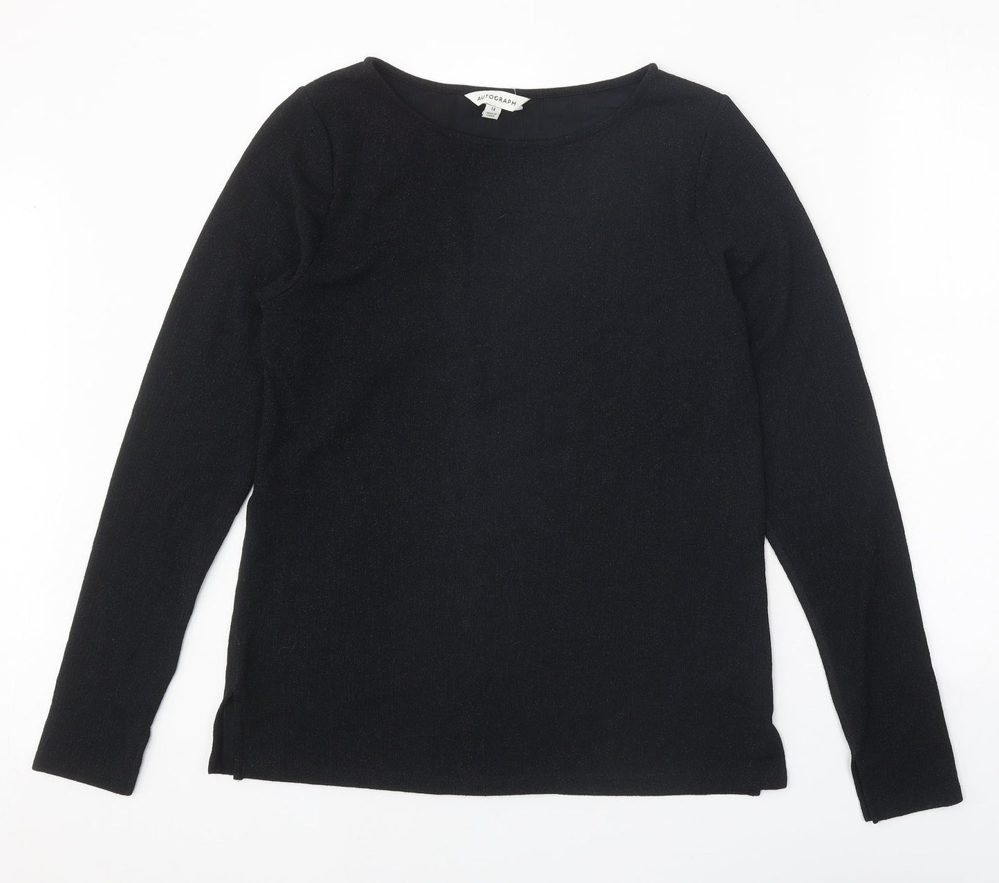 Autograph Womens Black Geometric Polyamide Basic Blouse Size 14 Round Neck