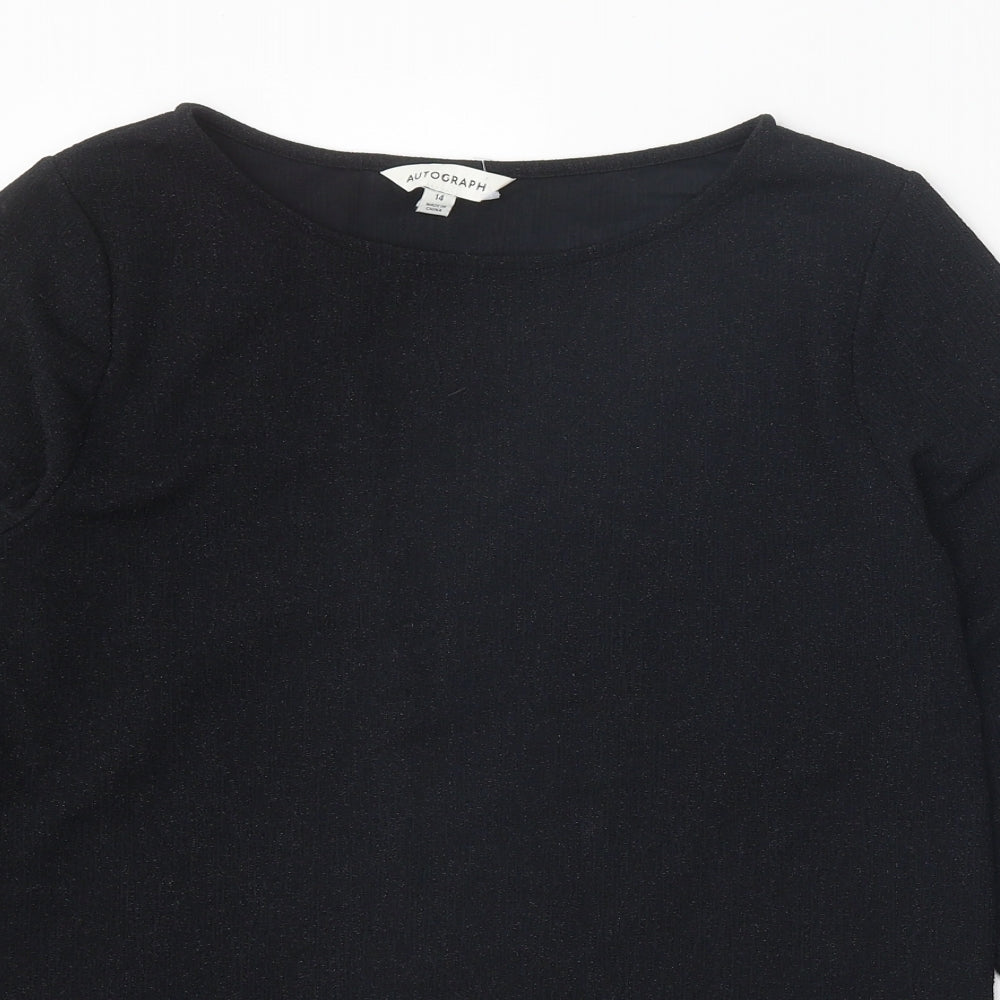 Autograph Womens Black Geometric Polyamide Basic Blouse Size 14 Round Neck