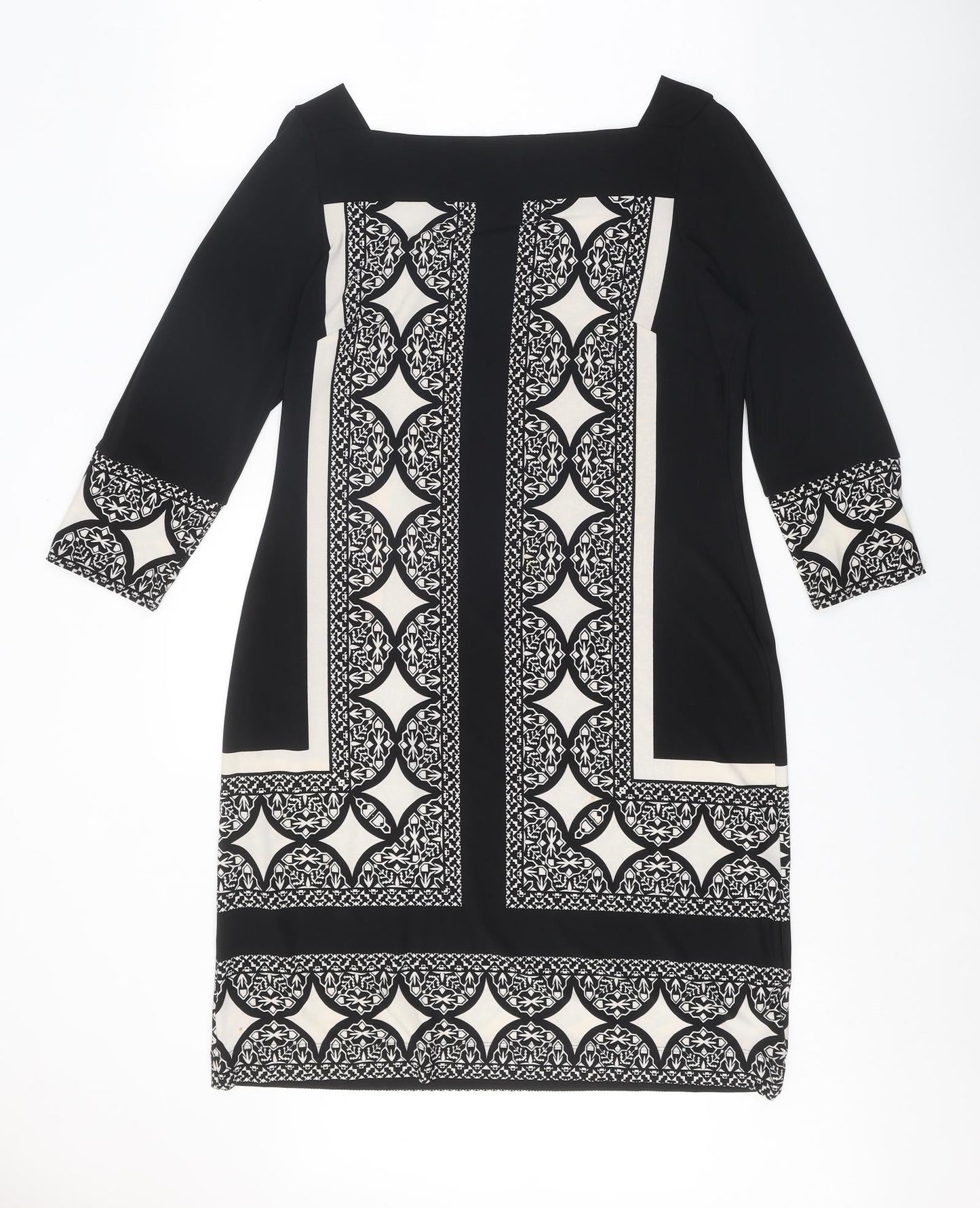 Marks and Spencer Womens Black Geometric Polyester Shift Size 14 Square Neck Pullover
