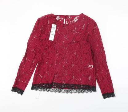 Sisley Womens Red Geometric Cotton Basic Blouse Size M Round Neck