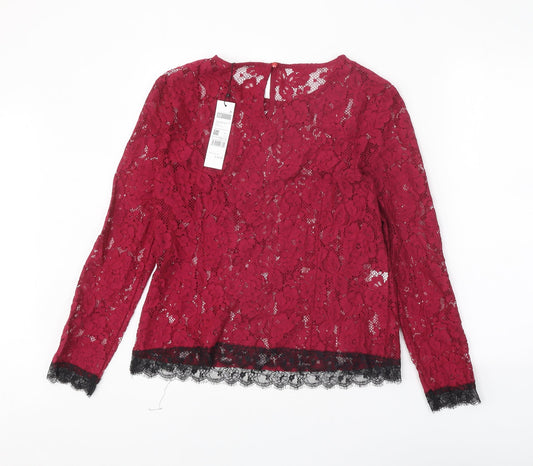 Sisley Womens Red Geometric Cotton Basic Blouse Size M Round Neck