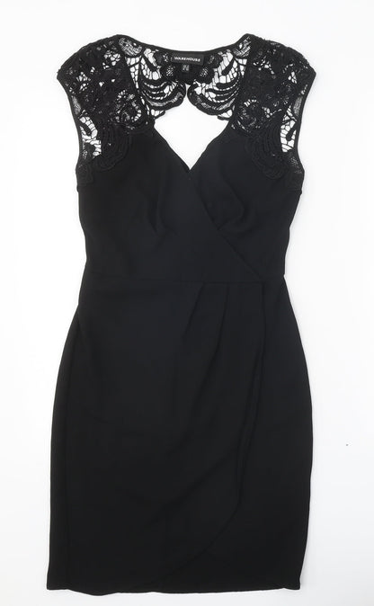 Warehouse Womens Black Polyester Pencil Dress Size 6 V-Neck Zip - Lace Detail