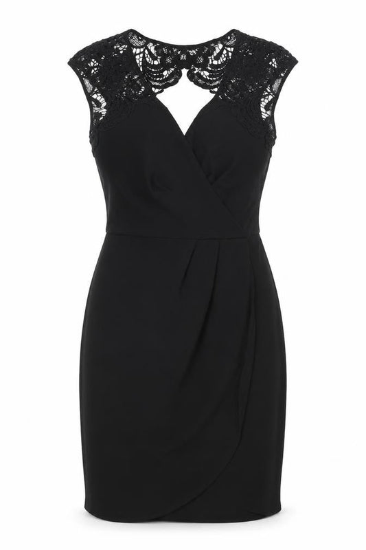 Warehouse Womens Black Polyester Pencil Dress Size 6 V-Neck Zip - Lace Detail