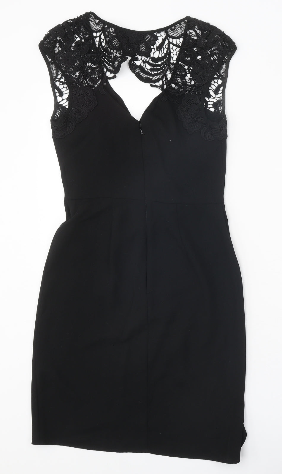 Warehouse Womens Black Polyester Pencil Dress Size 6 V-Neck Zip - Lace Detail