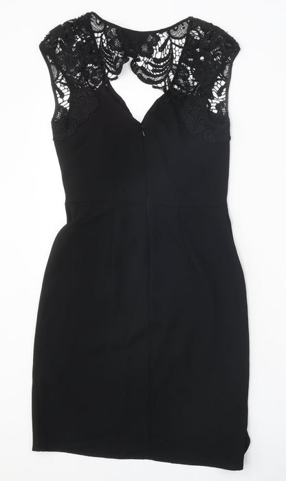 Warehouse Womens Black Polyester Pencil Dress Size 6 V-Neck Zip - Lace Detail