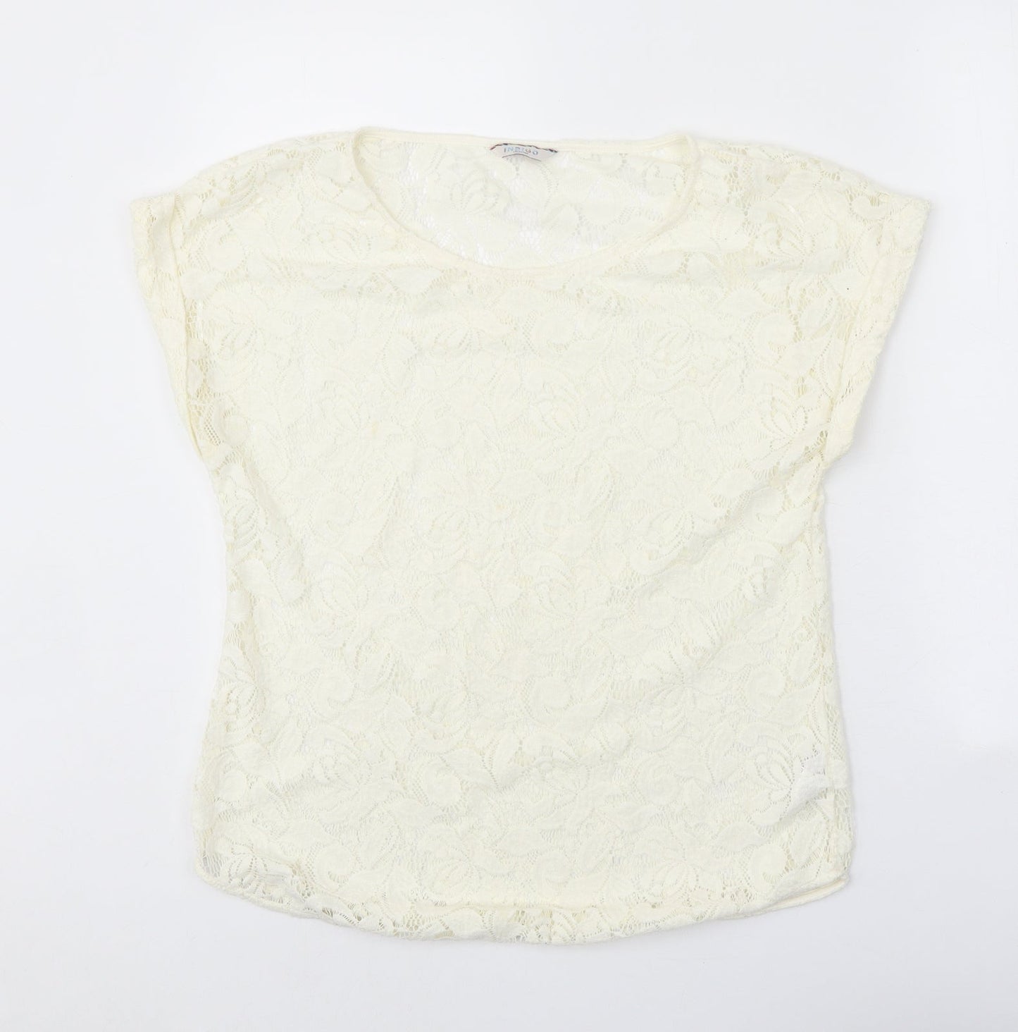 Indigo Womens White Floral Polyester Basic T-Shirt Size 12 Scoop Neck