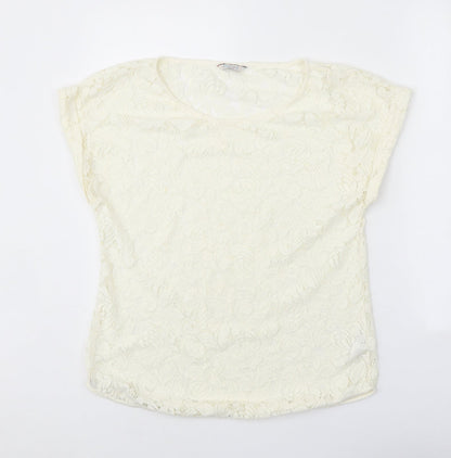 Indigo Womens White Floral Polyester Basic T-Shirt Size 12 Scoop Neck