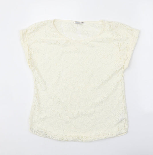 Indigo Womens White Floral Polyester Basic T-Shirt Size 12 Scoop Neck