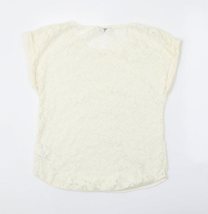 Indigo Womens White Floral Polyester Basic T-Shirt Size 12 Scoop Neck