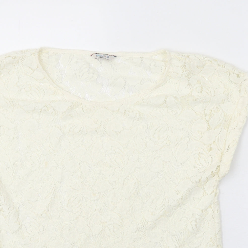 Indigo Womens White Floral Polyester Basic T-Shirt Size 12 Scoop Neck