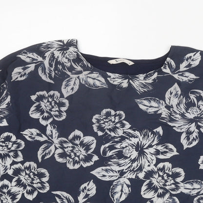TU Womens Blue Floral Viscose Basic Blouse Size 12 Boat Neck