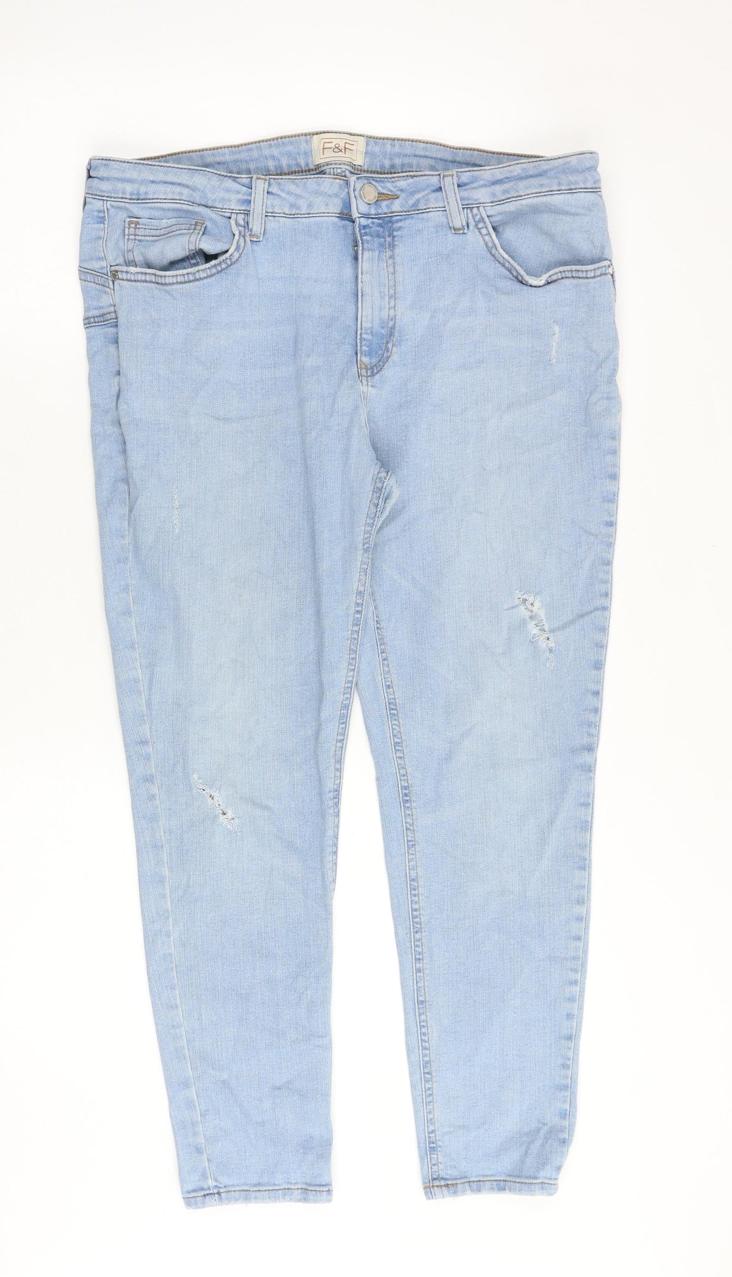 F&F Womens Blue Cotton Tapered Jeans Size 34 in Regular Zip