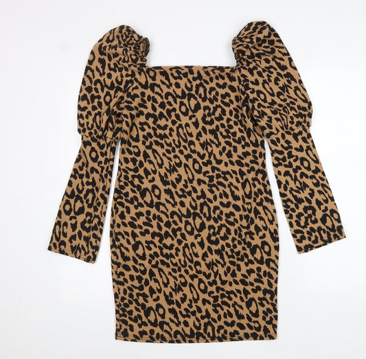 Boohoo Womens Brown Animal Print Polyester Sheath Size 8 Square Neck Pullover - Leopard print
