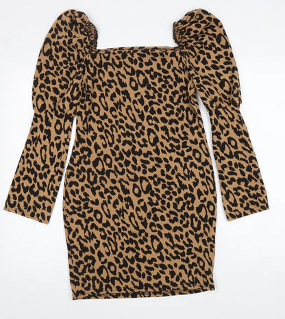 Boohoo Womens Brown Animal Print Polyester Sheath Size 8 Square Neck Pullover - Leopard print