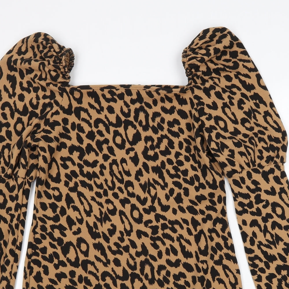 Boohoo Womens Brown Animal Print Polyester Sheath Size 8 Square Neck Pullover - Leopard print