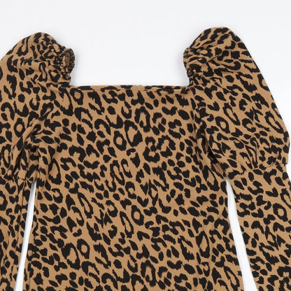 Boohoo Womens Brown Animal Print Polyester Sheath Size 8 Square Neck Pullover - Leopard print