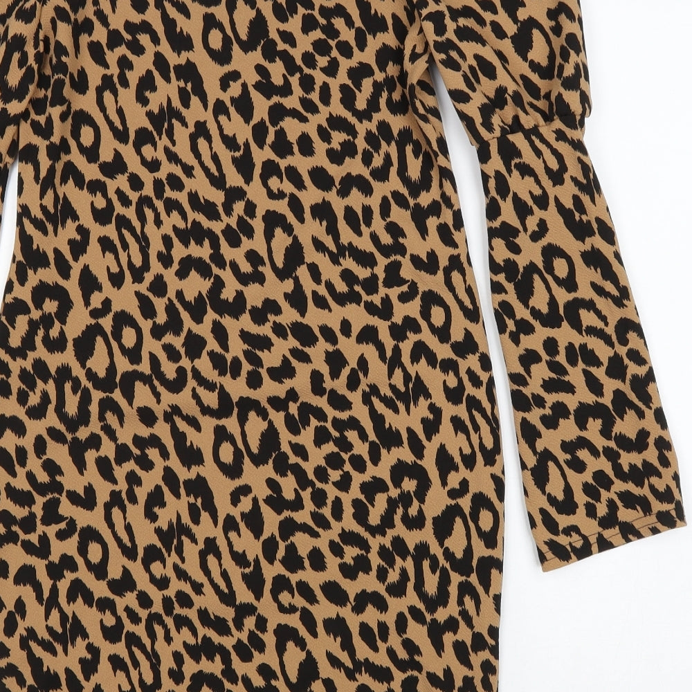 Boohoo Womens Brown Animal Print Polyester Sheath Size 8 Square Neck Pullover - Leopard print