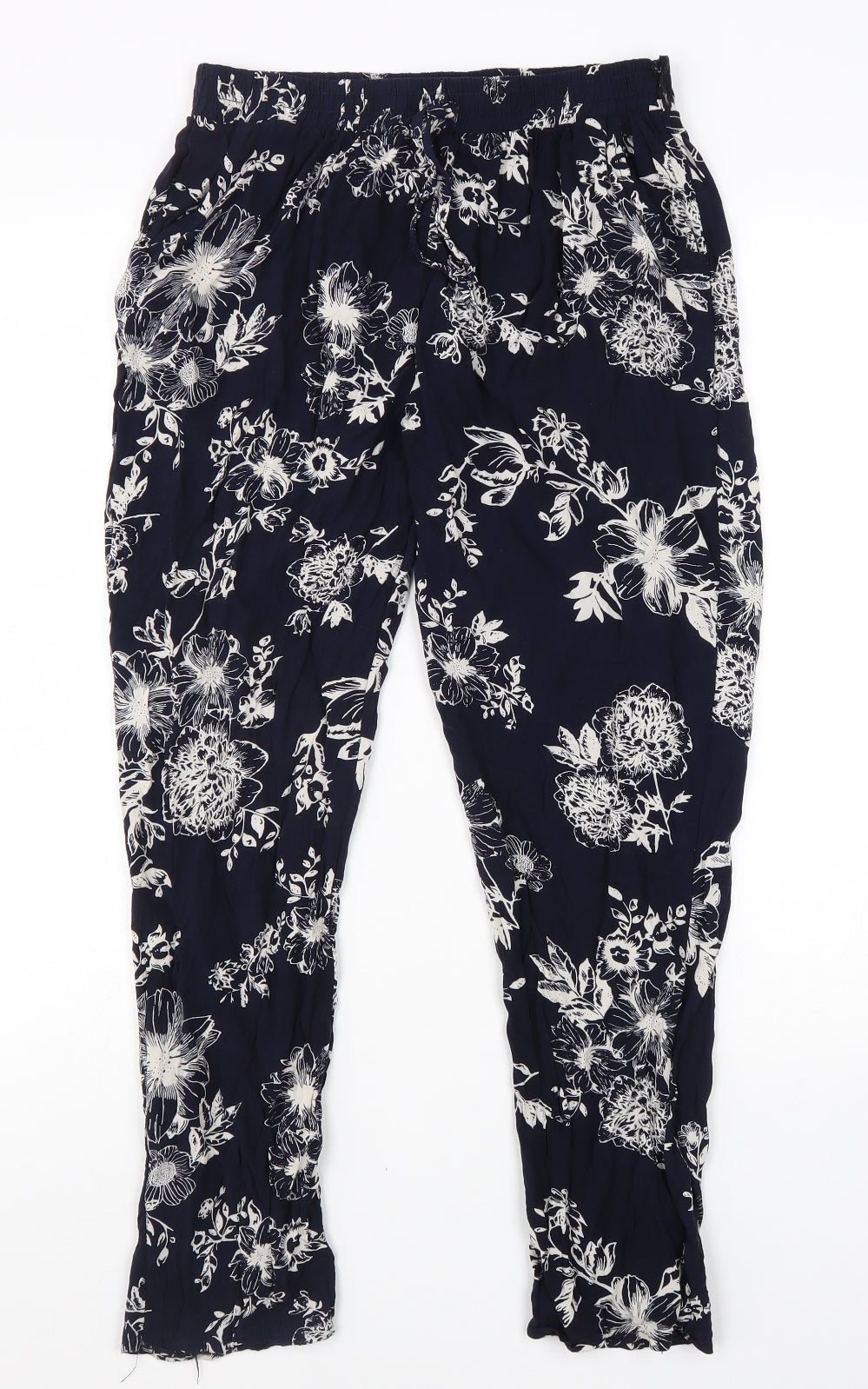 Queen Womens Blue Geometric Viscose Trousers Size S L24 in Regular Tie