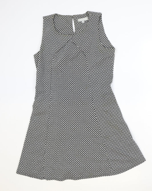 Red Herring Womens Black Geometric Polyester A-Line Size 14 Scoop Neck Button