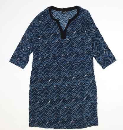 Celebs Womens Blue Geometric Cotton A-Line Size 10 V-Neck Pullover
