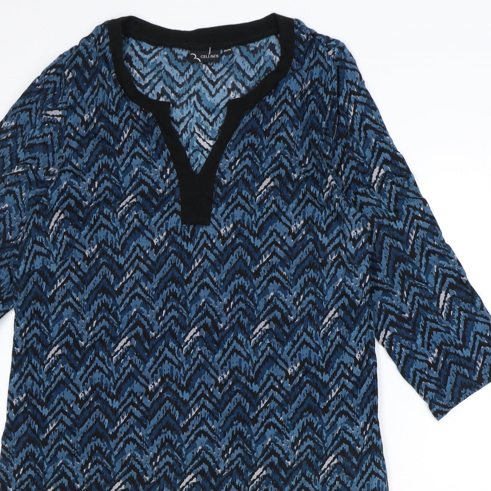 Celebs Womens Blue Geometric Cotton A-Line Size 10 V-Neck Pullover