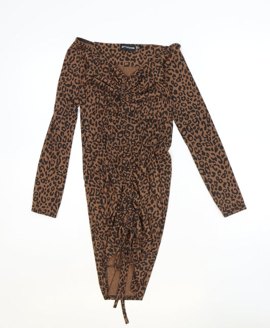 PRETTYLITTLETHING Womens Brown Animal Print Polyester Bodycon Size 8 V-Neck Pullover - Leopard print