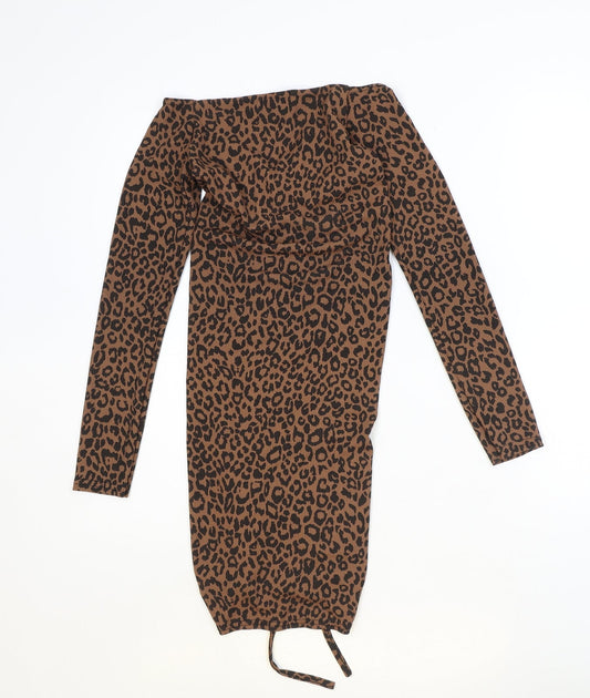 PRETTYLITTLETHING Womens Brown Animal Print Polyester Bodycon Size 8 V-Neck Pullover - Leopard print