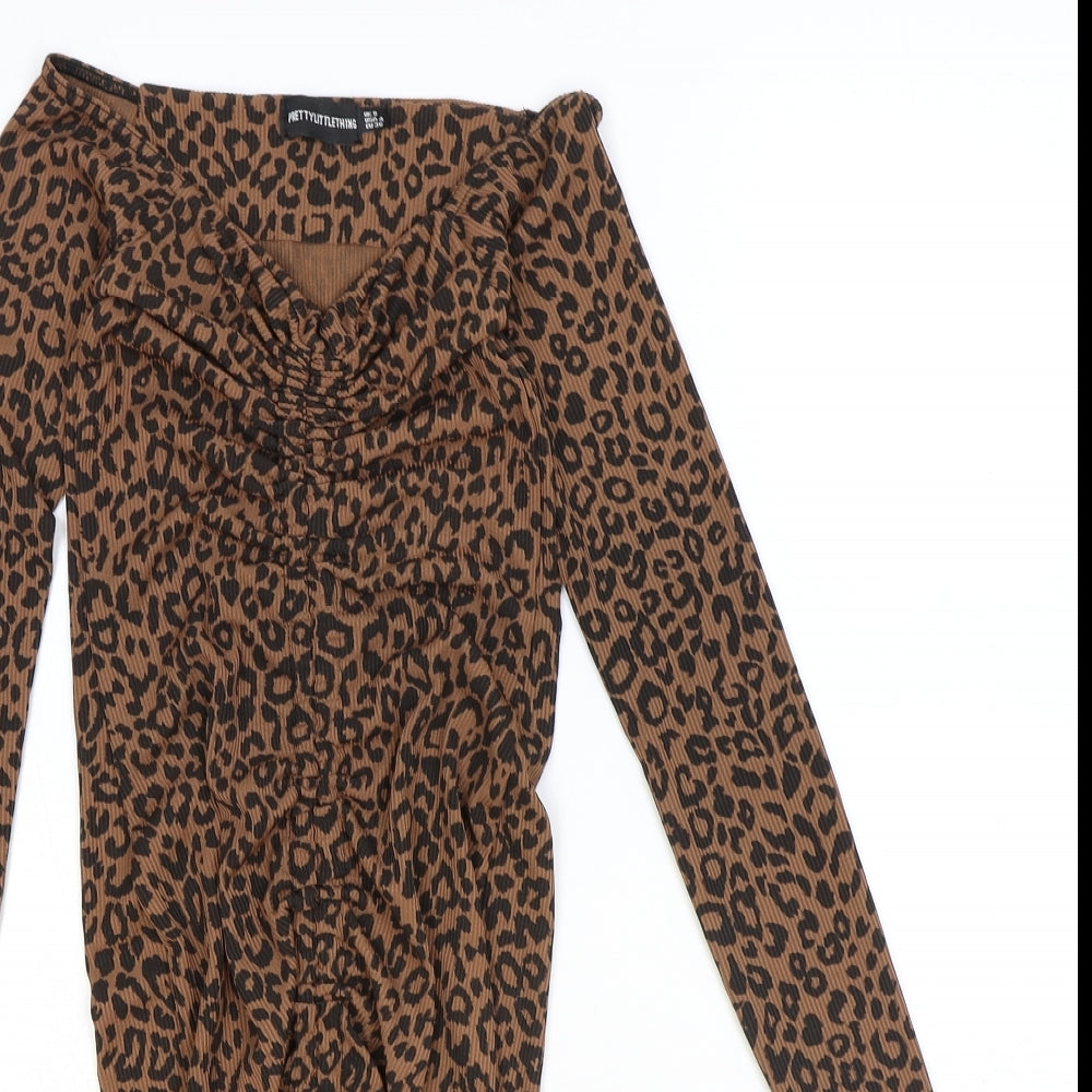 PRETTYLITTLETHING Womens Brown Animal Print Polyester Bodycon Size 8 V-Neck Pullover - Leopard print
