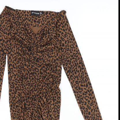 PRETTYLITTLETHING Womens Brown Animal Print Polyester Bodycon Size 8 V-Neck Pullover - Leopard print