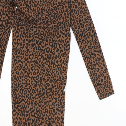 PRETTYLITTLETHING Womens Brown Animal Print Polyester Bodycon Size 8 V-Neck Pullover - Leopard print