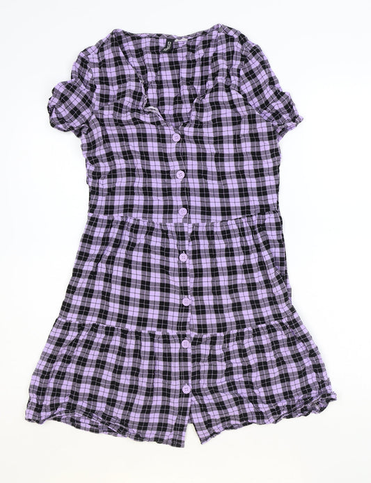 Divided Womens Purple Plaid Viscose A-Line Size 8 V-Neck Button