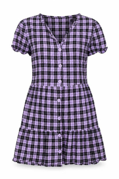 Divided Womens Purple Plaid Viscose A-Line Size 8 V-Neck Button