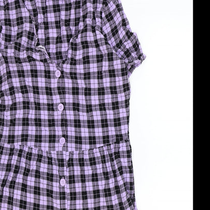 Divided Womens Purple Plaid Viscose A-Line Size 8 V-Neck Button