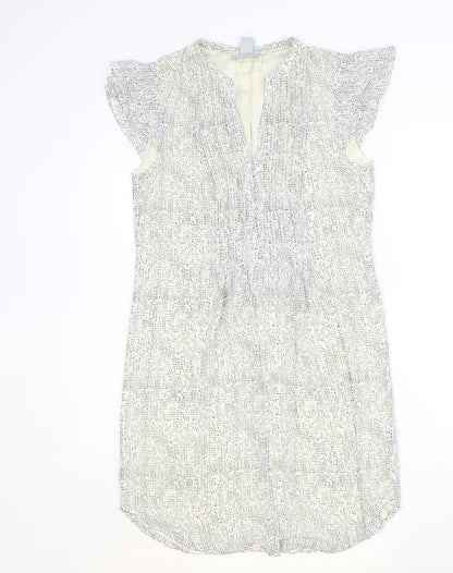 H&M Womens Ivory Geometric Polyester A-Line Size 10 V-Neck Button