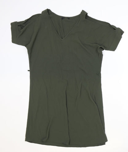 Preworn Womens Green Polyester T-Shirt Dress Size 8 V-Neck Pullover - Cold Shoulder