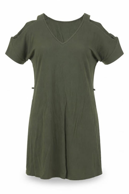Preworn Womens Green Polyester T-Shirt Dress Size 8 V-Neck Pullover - Cold Shoulder