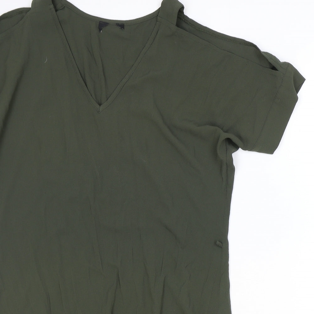 Preworn Womens Green Polyester T-Shirt Dress Size 8 V-Neck Pullover - Cold Shoulder