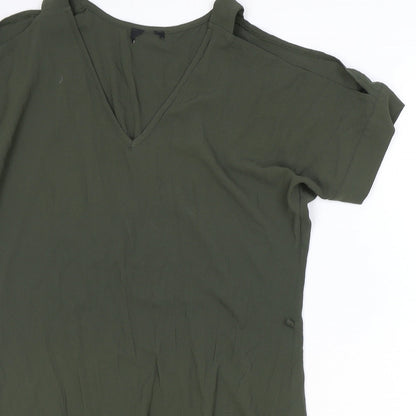 Preworn Womens Green Polyester T-Shirt Dress Size 8 V-Neck Pullover - Cold Shoulder