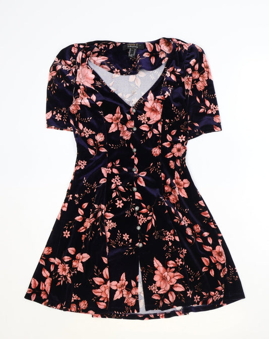 FOREVER 21 Womens Blue Floral Polyester Fit & Flare Size XS V-Neck Button