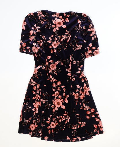 FOREVER 21 Womens Blue Floral Polyester Fit & Flare Size XS V-Neck Button