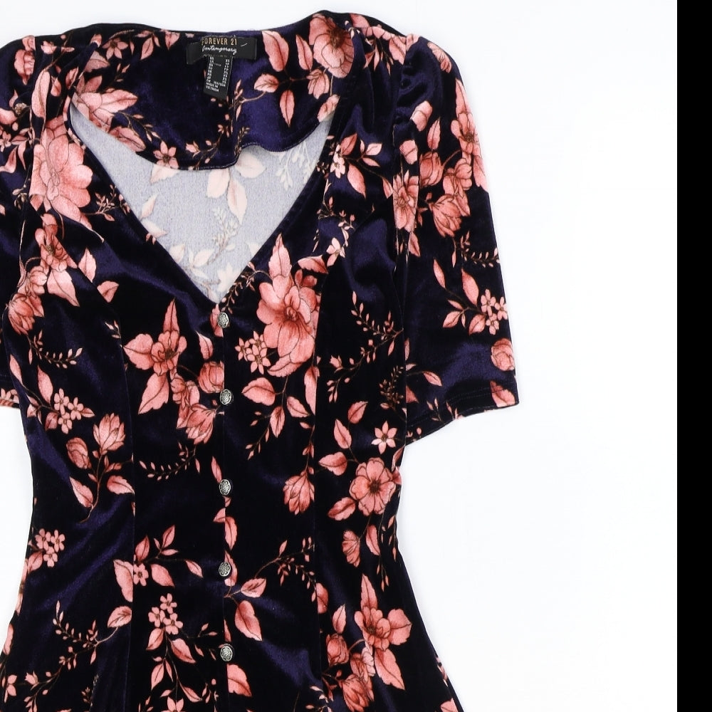 FOREVER 21 Womens Blue Floral Polyester Fit & Flare Size XS V-Neck Button