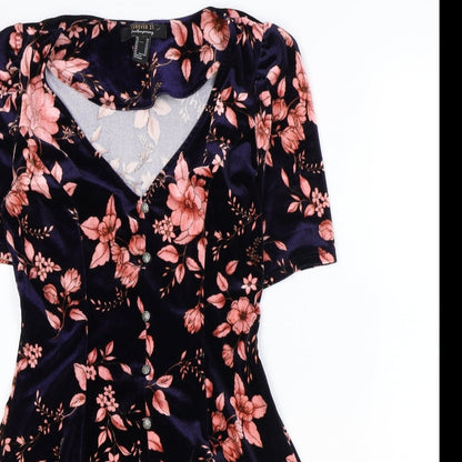 FOREVER 21 Womens Blue Floral Polyester Fit & Flare Size XS V-Neck Button