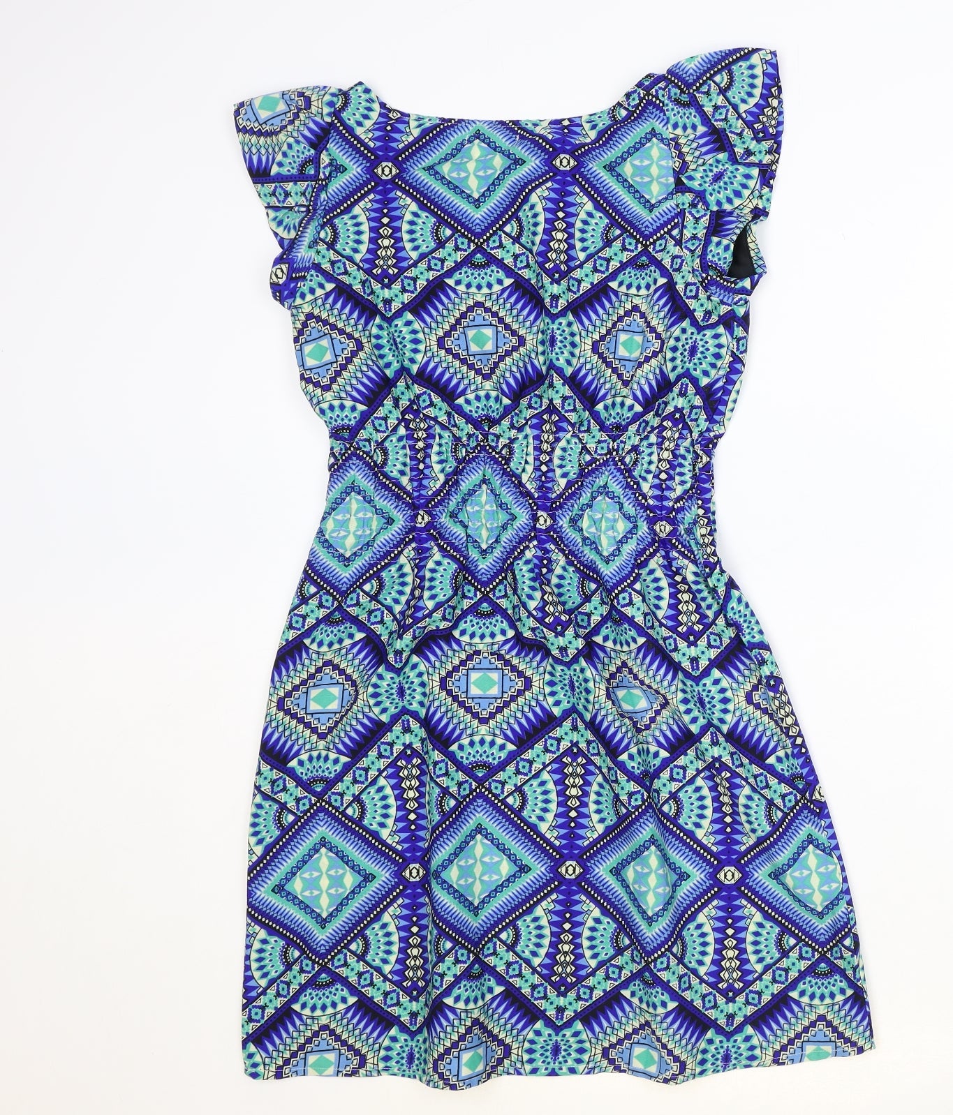 Pinky Womens Blue Geometric Polyester Pencil Dress Size S Boat Neck Pullover - Shirred Waist