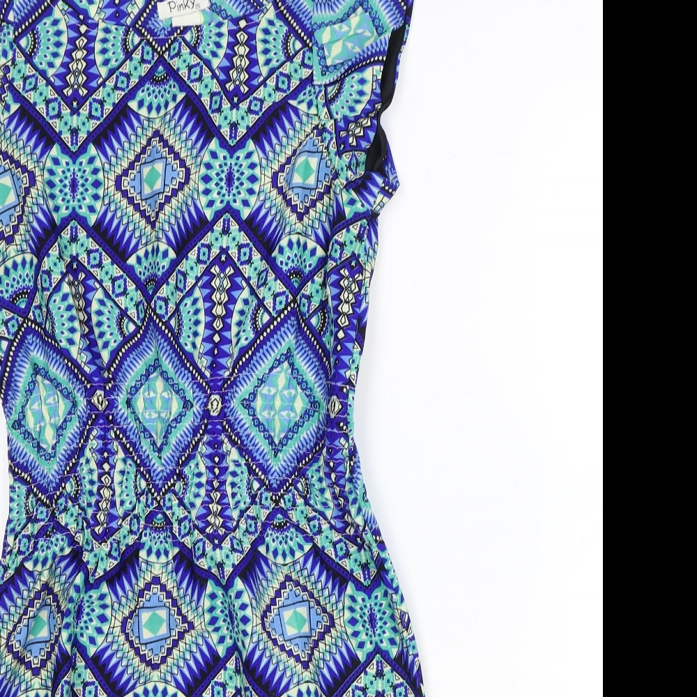 Pinky Womens Blue Geometric Polyester Pencil Dress Size S Boat Neck Pullover - Shirred Waist