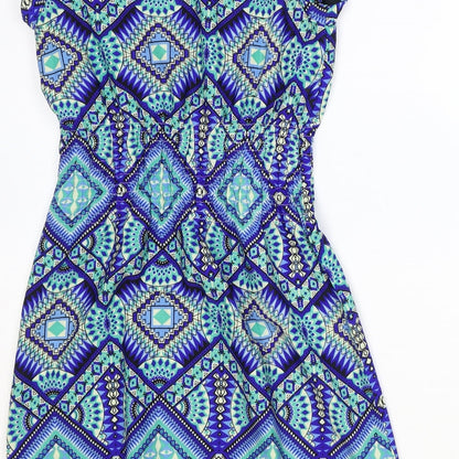 Pinky Womens Blue Geometric Polyester Pencil Dress Size S Boat Neck Pullover - Shirred Waist