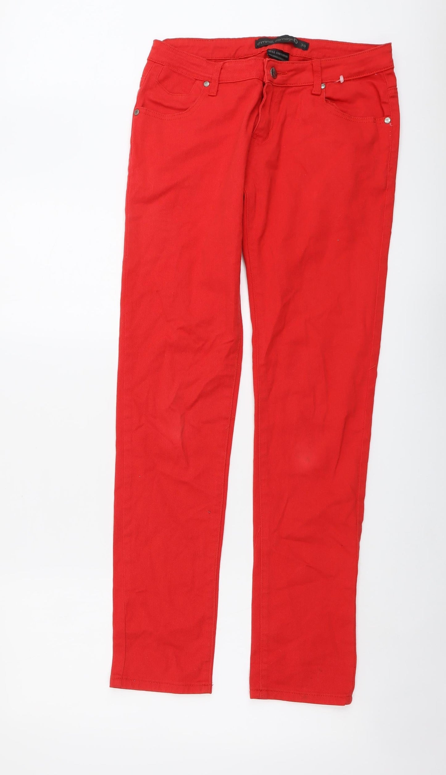 Criminal Damage Womens Red Cotton Straight Jeans Size 30 in L30 in Regular Button